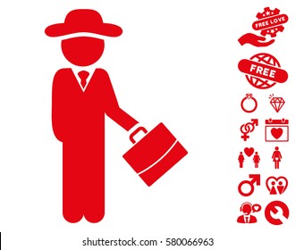 Gentleman Manager pictograph with bonus dating pictures. Vector illustration style is flat iconic red symbols on white background.