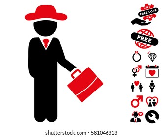 Gentleman Manager pictograph with bonus decorative symbols. Vector illustration style is flat iconic intensive red and black symbols on white background.