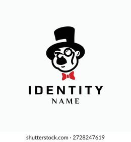 Gentleman mascot logo vector. Face of a rich man or banker character wearing a top hat, monocle, and red bowtie. Retro style illustration for finance business, barbershop, or luxury brand identity.