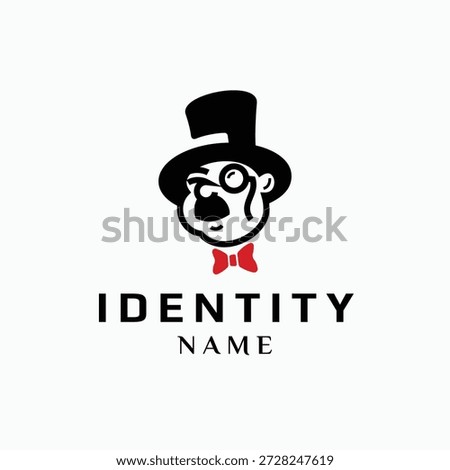Gentleman mascot logo vector. Face of a rich man or banker character wearing a top hat, monocle, and red bowtie. Retro style illustration for finance business, barbershop, or luxury brand identity.