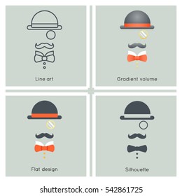 Gentleman Mask Disguise Victorian Hat Mustache Bow Monocle Businessman Retro Vintage Hipster Icon Great Britain Flat Design Line Art Vector Illustration