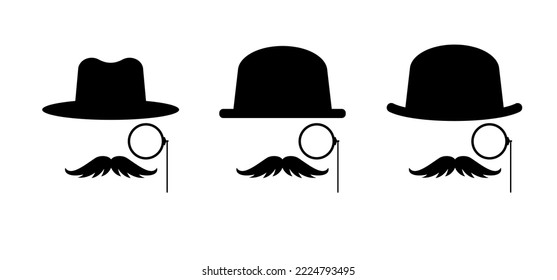 Gentleman, monocle and bowtie. Hat and hipster moustache. Cartoon glasses and old classic hat. Man face, barber and moustache, mustache or beard. Bowler hat