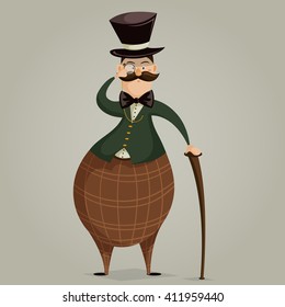 Gentleman with monocle and stick. Funny cartoon character. Vector illustration in retro style