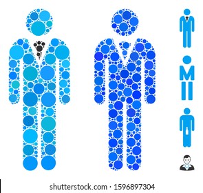 Gentleman mosaic of filled circles in variable sizes and color tinges, based on gentleman icon. Vector small circles are united into blue mosaic. Dotted gentleman icon in usual and blue versions.