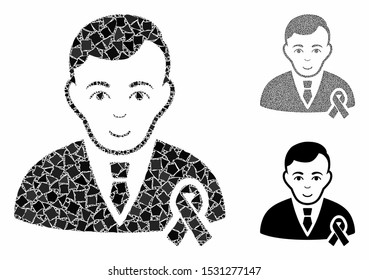 Gentleman with mourning ribbon composition of humpy elements in different sizes and color tints, based on gentleman with mourning ribbon icon. Vector raggy elements are combined into composition.