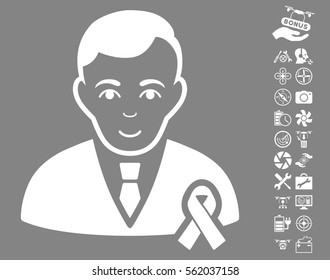 Gentleman With Mourning Ribbon icon with bonus aircopter tools images. Vector illustration style is flat iconic white symbols on gray background.