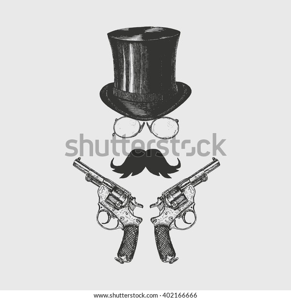 口ひげ 眼鏡 トップハット リボルバーを持つ紳士 ビクトリア朝のロゴテンプレート アイコンセットのベクター画像 手描きのイラスト のベクター画像素材 ロイヤリティフリー