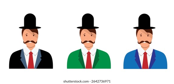 Gentleman with Mustache and Hat Bust Different Costume Colors. People, portraits and vintage fashion vector art