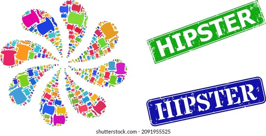 Gentleman mustache icon multi colored explosion motion turbine fireworks composition, and grunge Hipster stamp seal. Blue Hipster and green Hipster rectangle grunge seal stamps.