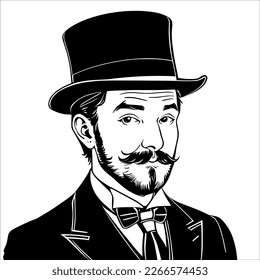 Gentleman with Mustache and Top Hat, Looking Suave and Sophisticated. 
