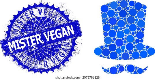 Gentleman mustache vector composition of dots in variable sizes and blue color shades, and scratched Mister Vegan stamp seal. Blue round sharp rosette stamp seal contains Mister Vegan title inside it.