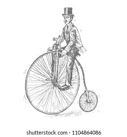 Gentleman with mustaches on retro vintage old bicycle. Penny-farthing or High Wheel Bicycle. Victorian Era steampunk Engraving vector lineart Hand drawn illustration