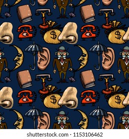 gentleman, nose, ear, telephone and bag of money seamless pattern