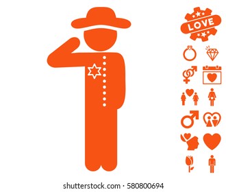 Gentleman Officer icon with bonus love symbols. Vector illustration style is flat iconic orange symbols on white background.