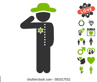 Gentleman Officer pictograph with bonus decorative icon set. Vector illustration style is flat iconic eco green and gray symbols on white background.