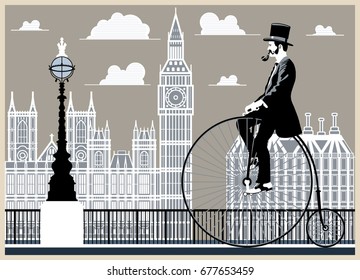 A gentleman on a bicycle in the background the embankment in London. Handmade drawing vector illustration. Vintage style