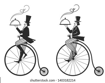 gentleman on penny farthing with a tray, vector illustration, isolated objects