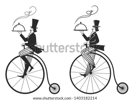 gentleman on penny farthing with a tray, vector illustration, isolated objects