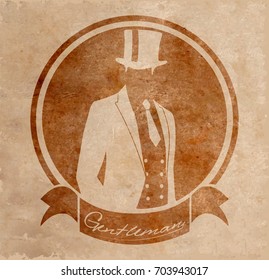 Gentleman in one suit round symbol with a ribbon on old paper.