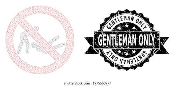 Gentleman Only grunge seal print and vector forbidden judo struggle mesh model. Black seal includes Gentleman Only tag inside ribbon and rosette. Abstract flat mesh forbidden judo struggle,