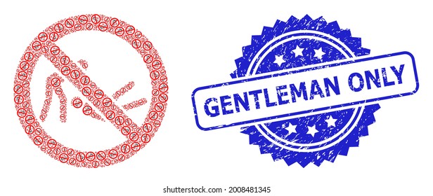 Gentleman Only scratched seal imitation and vector recursive collage forbidden judo struggle. Blue stamp seal contains Gentleman Only title inside rosette.