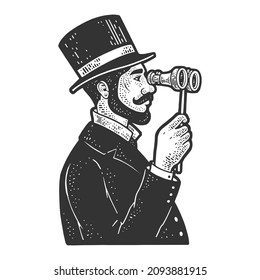 Gentleman with opera glasses binoculars sketch engraving vector illustration. T-shirt apparel print design. Scratch board imitation. Black and white hand drawn image.