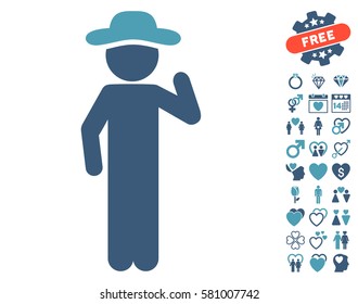Gentleman Opinion icon with bonus decoration images. Vector illustration style is flat iconic cyan and blue symbols on white background.