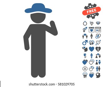 Gentleman Opinion icon with bonus passion images. Vector illustration style is flat iconic cobalt and gray symbols on white background.