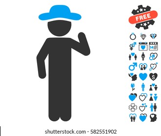 Gentleman Opinion icon with bonus romantic graphic icons. Vector illustration style is flat iconic blue and gray symbols on white background.