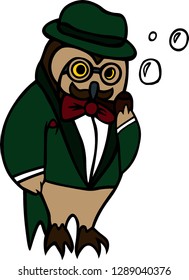 Gentleman Owl in Green Suit with Hat and Red Bow Tie and Smoking Pipe and Bubbles. Vector Illustration