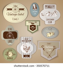 Gentleman paper labels set with sketch retro male accessories isolated vector illustration