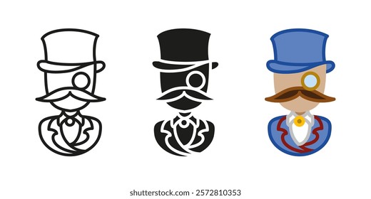 Gentleman person icon. Aristocrat character. Elegant vintage style dandy costume. Noble lord suit vector illustration. Retro cylinder and eyeglass monocle male portrait. Victorian classic clothing.