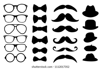 Gentleman photo booth vector set with hats, mustaches, glasses and bow tie
