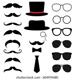 Gentleman photo booth vector set with hats, mustaches, glasses and bow tie