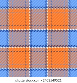 Gentleman plaid vector textile, elegance check background pattern. Seventies seamless texture fabric tartan in blue and orange color.