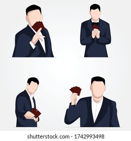 Gentleman, der mit Karten anderer Pose auf weißem Hintergrund spielt - Vector Illustration