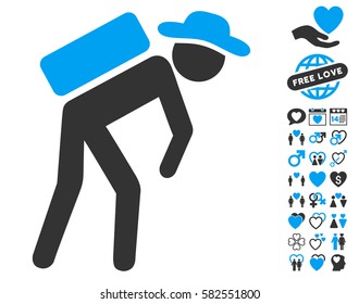 Gentleman Porter pictograph with bonus amour graphic icons. Vector illustration style is flat iconic blue and gray symbols on white background.