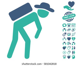 Gentleman Porter pictograph with bonus marriage pictures. Vector illustration style is flat iconic cobalt and cyan symbols on white background.