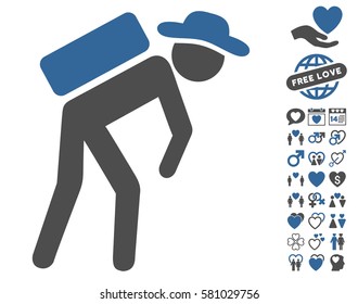 Gentleman Porter pictograph with bonus valentine symbols. Vector illustration style is flat iconic cobalt and gray symbols on white background.