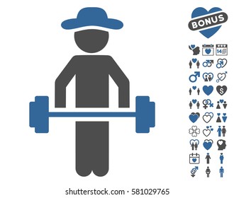 Gentleman Power Lifting icon with bonus passion clip art. Vector illustration style is flat iconic cobalt and gray symbols on white background.
