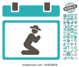 Gentleman Pray Calendar Page pictograph with bonus calendar and time management clip art. Vector illustration style is flat iconic bicolor symbols, grey and cyan colors, white background.