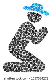 Gentleman Pray collage of filled circles in variable sizes and color hues. Filled circles are grouped into gentleman pray vector composition. Vector illustration.