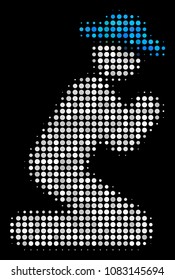 Gentleman pray halftone vector icon. Illustration style is dot iconic gentleman pray symbol on a black background. Halftone texture is constructed from round dots.