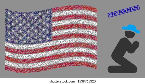 Gentleman pray icons are organized into USA flag abstraction with blue rectangle grunge stamp watermark of Pray for Peace text.