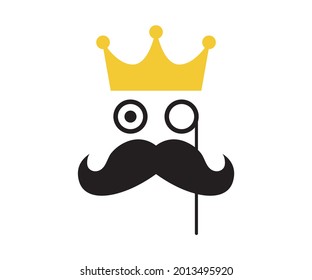gentleman prince with monocle eye and crown mustache  vector logo design illustration on white background