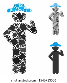 Gentleman proposal composition of ragged items in various sizes and color tinges, based on gentleman proposal icon. Vector rugged dots are combined into collage.