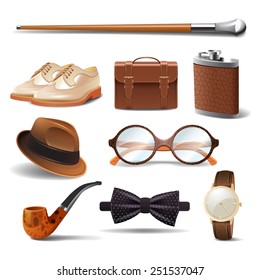 Gentleman realistic accessories decorative icons set with cane shoes smoking pipe isolated vector illustration