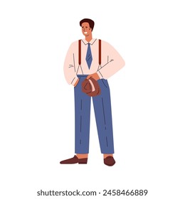 Gentleman in retro fashion. Vector illustration of a man dressed in suspenders and slacks, holding a camera, depicting a nostalgic style.