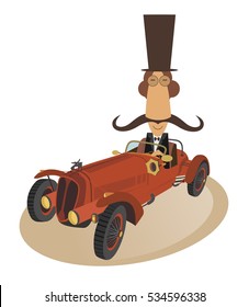 Gentleman rides a retro car. Smiling man in top hat drives a hot rod
