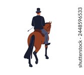 Gentleman riding horse in 19th century. Historic equestrian, horseback rider from past. Horseman, noble man in hat, suit, mounted on steed. Flat vector illustration isolated on white background